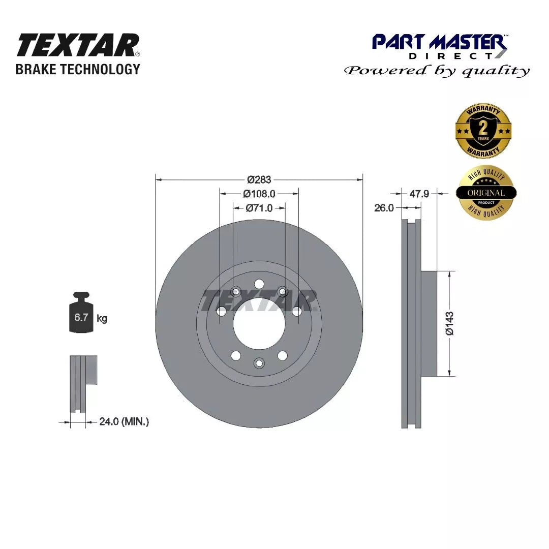 2x Front Brake Discs Vented 283mm 92267903 Genuine OE Textar fits 1642761380