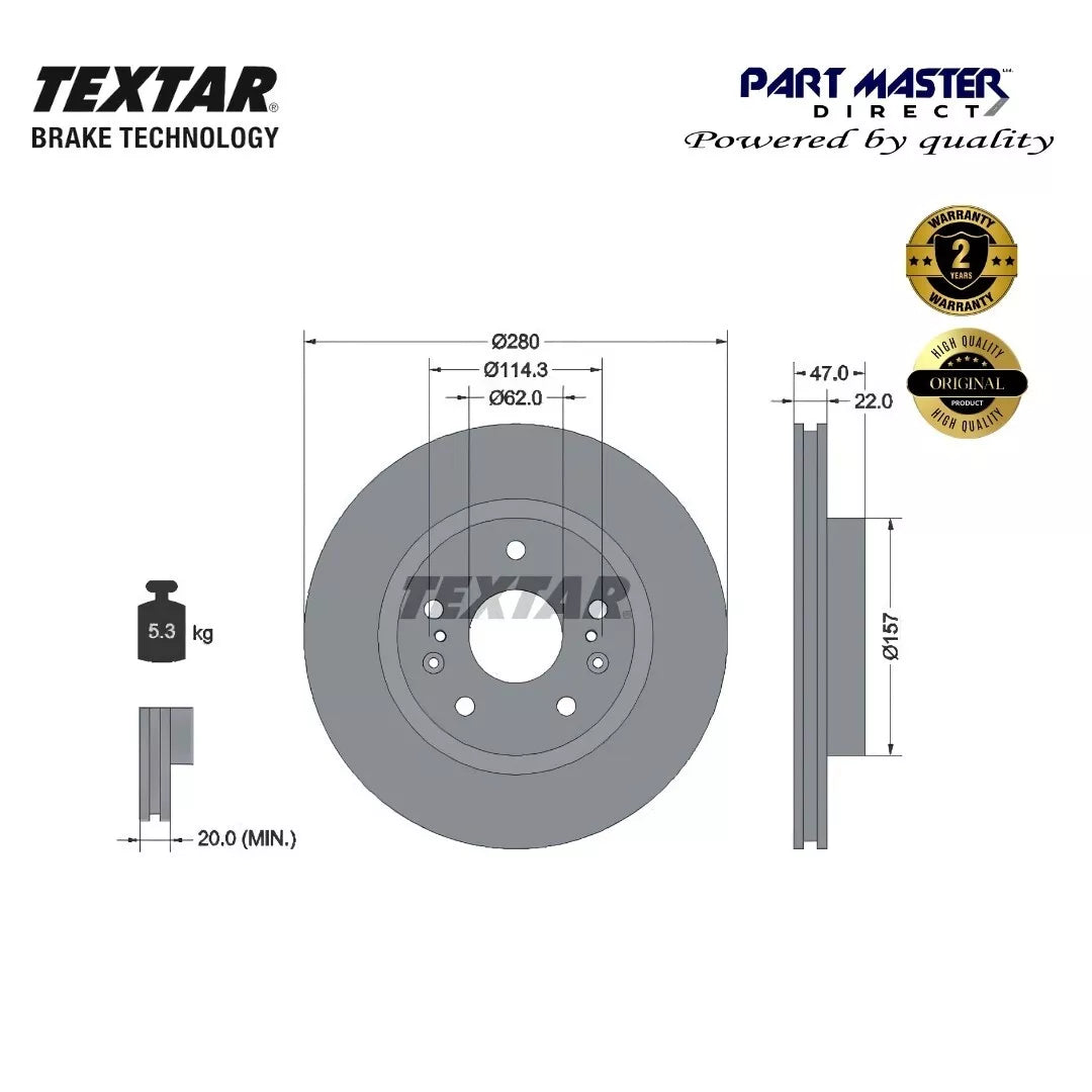2x Vented Front Brake Discs 280mm 92268303 Genuine OE Textar fits 5531161M00