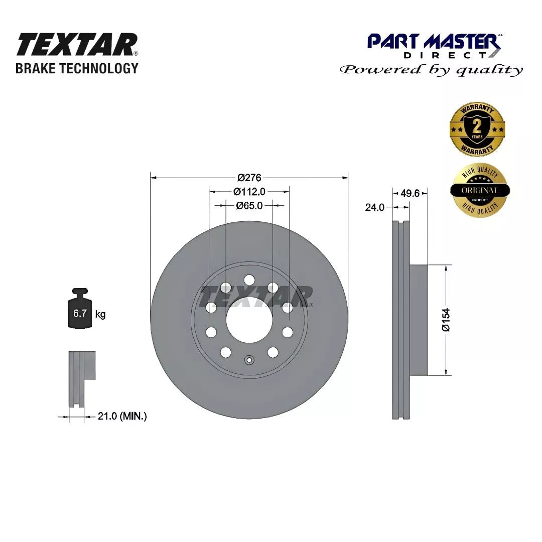 2x Vented Front Brake Discs 276mm 92271905 Genuine OE Textar fits 5Q0615301A