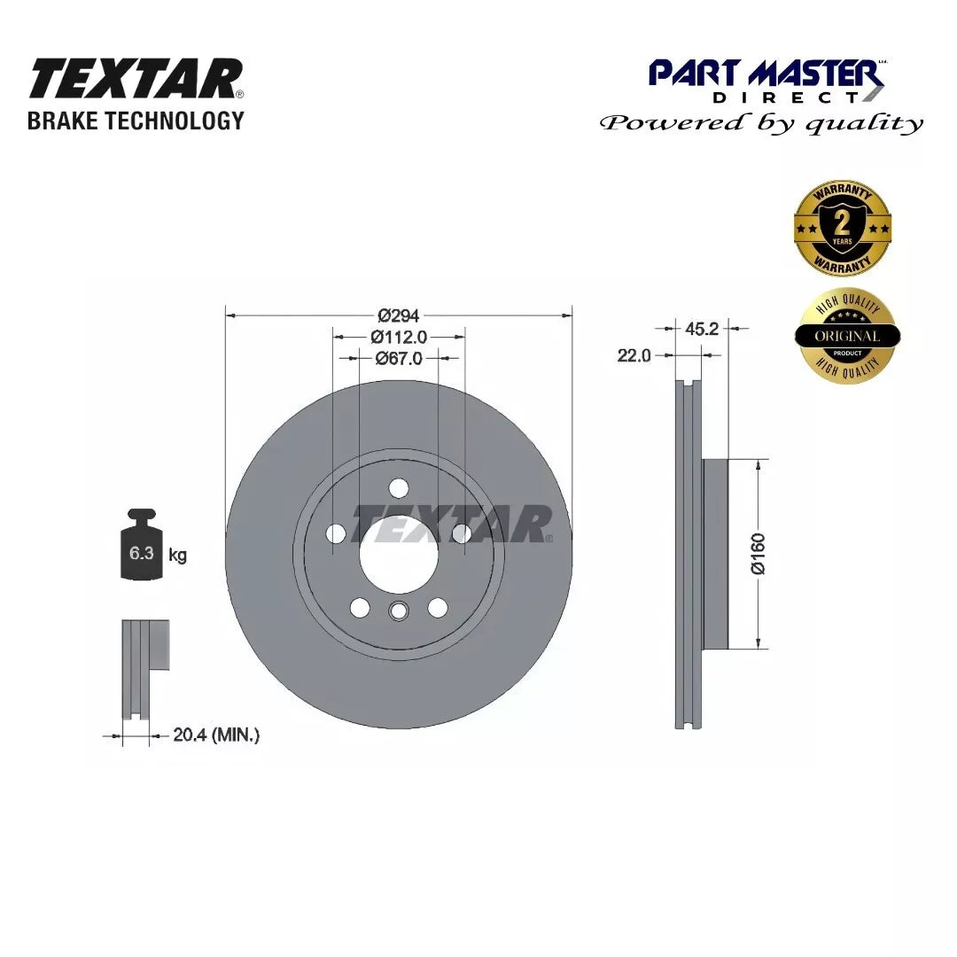 2x Genuine OE Textar Vented Front Brake Discs 294mm 92273103 fits 34116866297