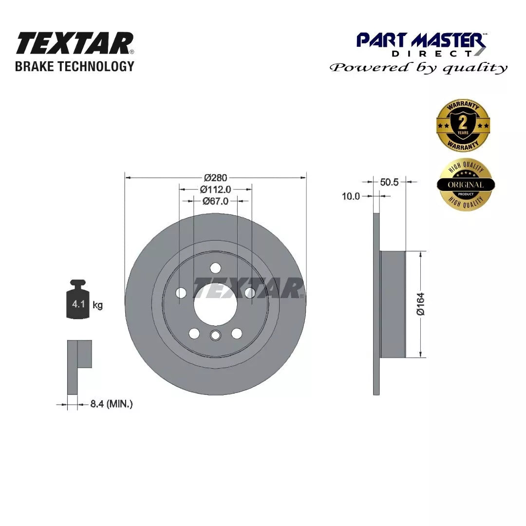 2x Rear Brake Discs Solid 280mm 92274603 Genuine OE Textar 34206891085