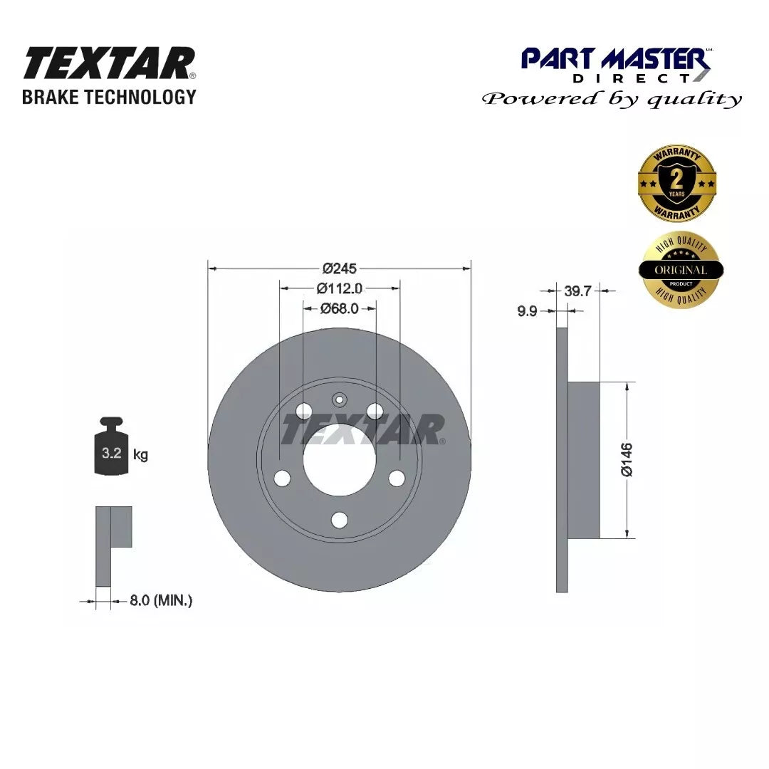 2x Textar 92106203 Rear Brake Discs Solid 245mm fits OE 895615601A 8E0615601B