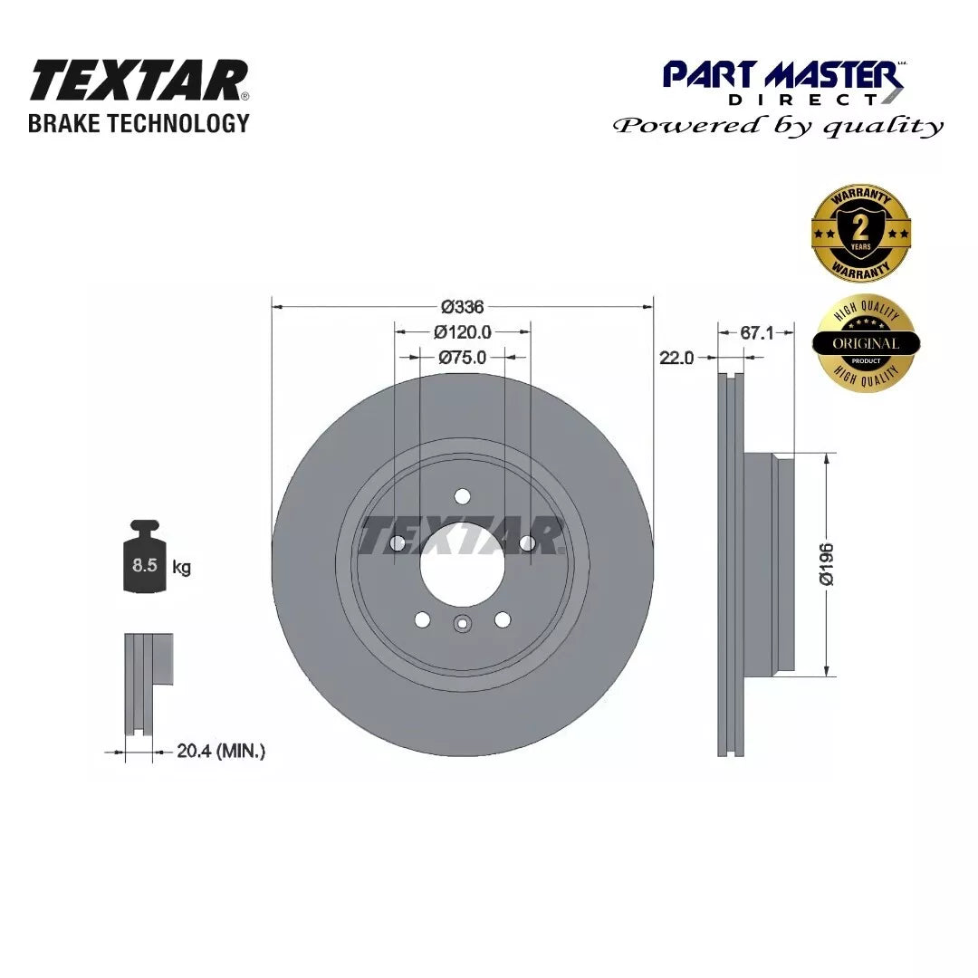2x Textar 92137905 Rear Brake Discs Vented 336mm Genuine fits OE 34216764655